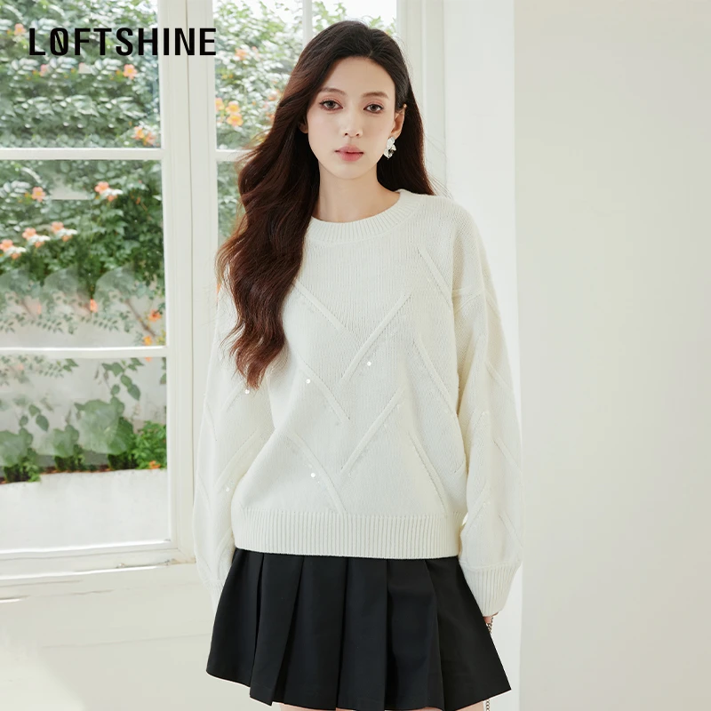 【黄蓉推荐】LOFTSHINE珞炫米白色毛衣洋气慵懒感亲肤上衣24308168