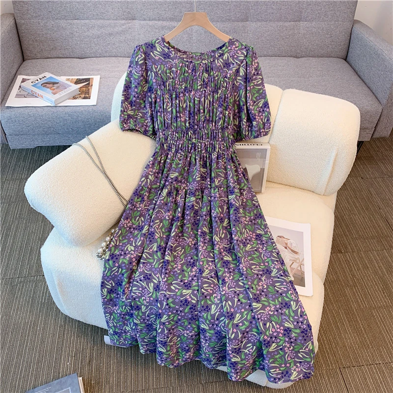 大码女装春夏季新品法式气质松紧腰高腰胖mm遮肉显瘦泡泡袖连衣裙
