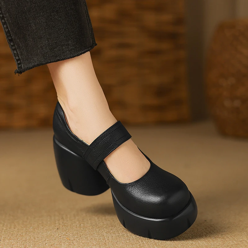 小个子魔术贴防水台高跟鞋女2025新款8.5cm厚底真皮圆头粗跟单鞋