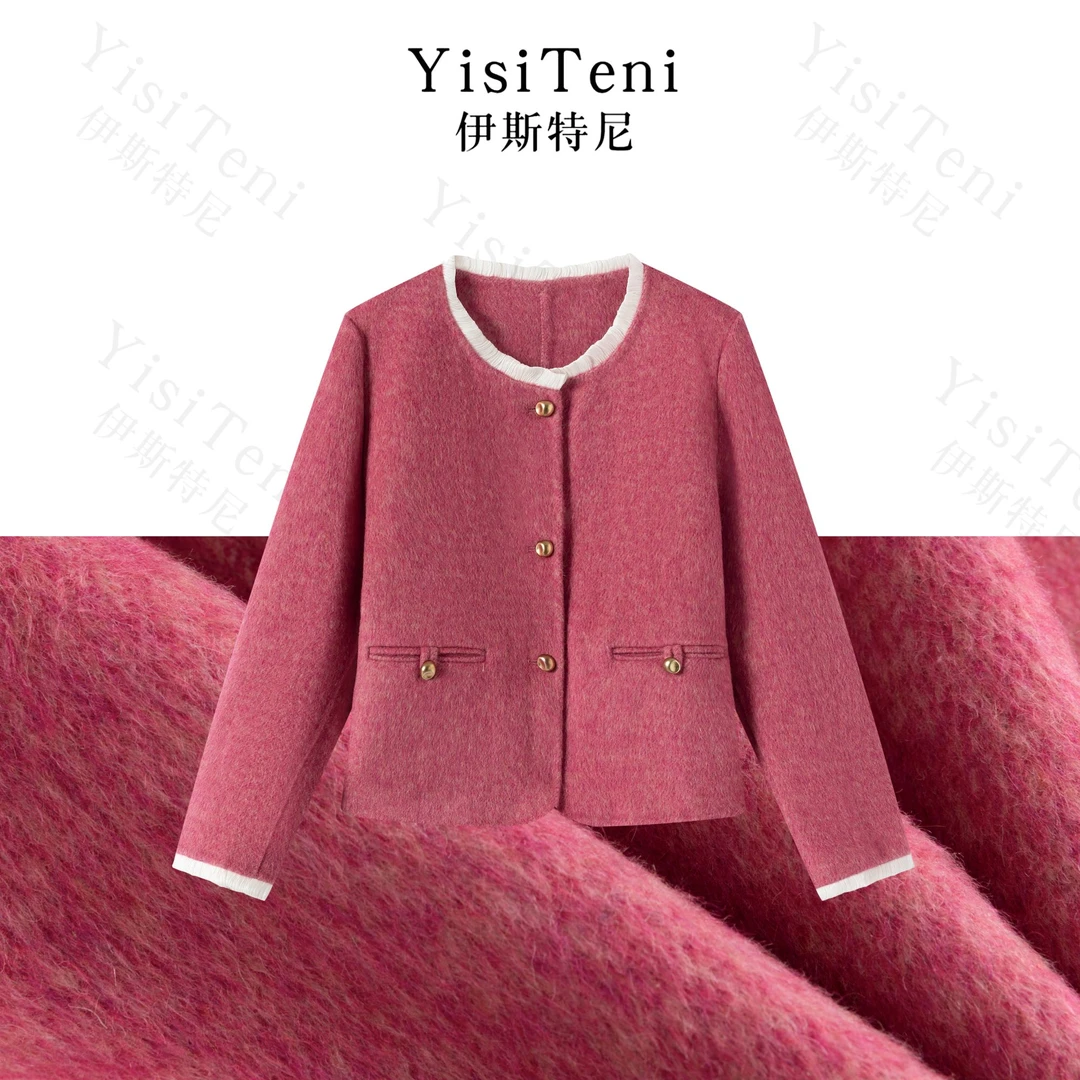 【 YisiTeni五光六色】双面羊毛大衣圆领小香风气质毛呢短款外套Y56