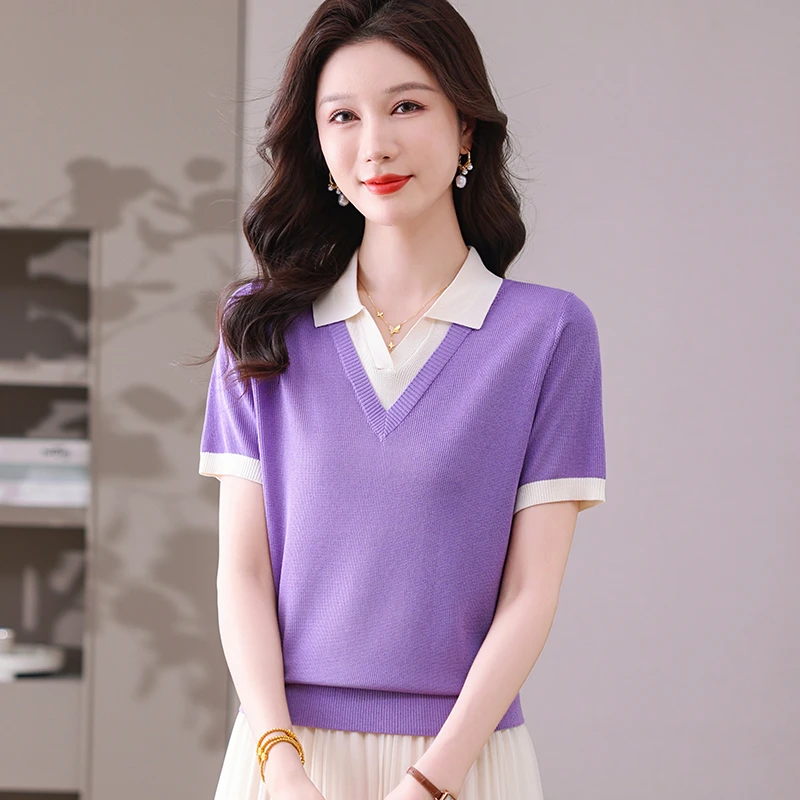 清凉夏季新款女士方领时尚百搭洋气宽松显瘦款薄款半袖纯色上衣女