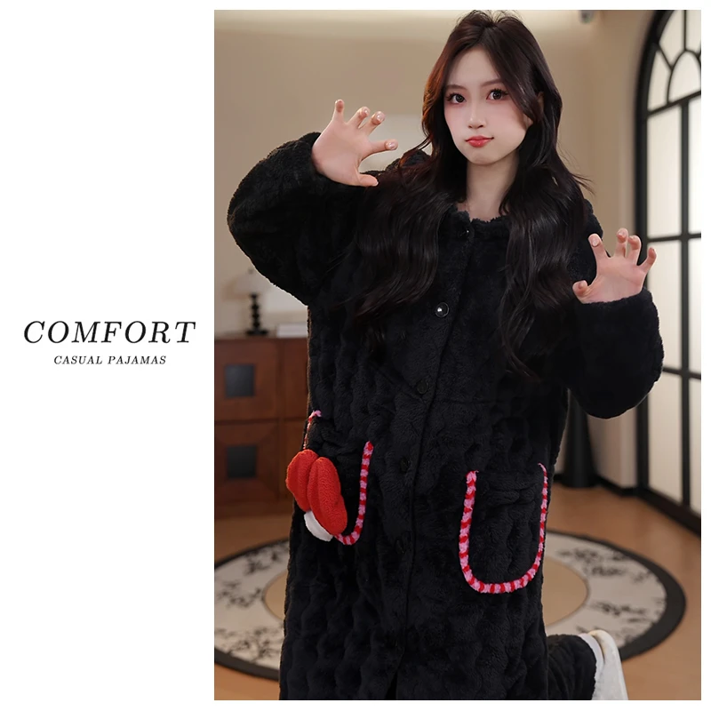 珊瑚绒睡袍女秋冬保暖三层夹棉款加厚加绒冬季省服睡衣家居服套装