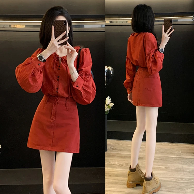 欧若风精致红色系带衬衫套装女小个子气质显瘦A字牛仔短裙两件套