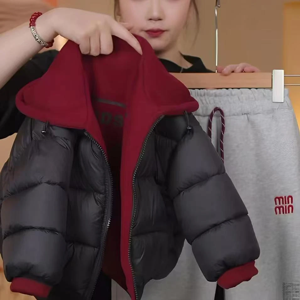 儿童冬季双面穿棉服2024新款红色圣诞年服外套男女童加厚连帽棉服