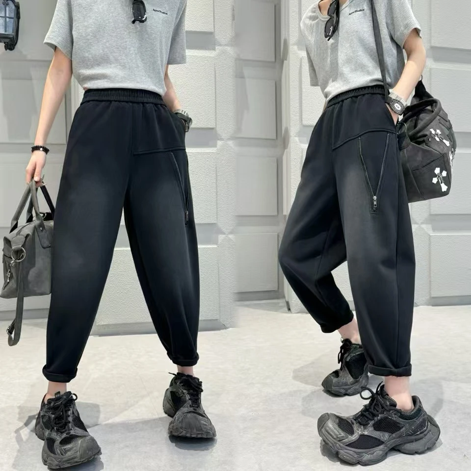 潮秀儿家大码显瘦休闲时尚水洗针织哈伦拉链裤2328