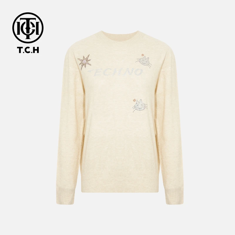 TCH私服秋冬网红感烫钻时尚淑女卡其针织衫女T75C09E5161X轻奢tch