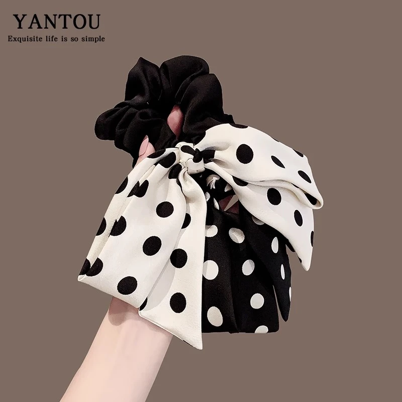 简约波点时尚马尾发圈日常出勤复古蝴蝶结发绳发饰盘发飘带发圈女