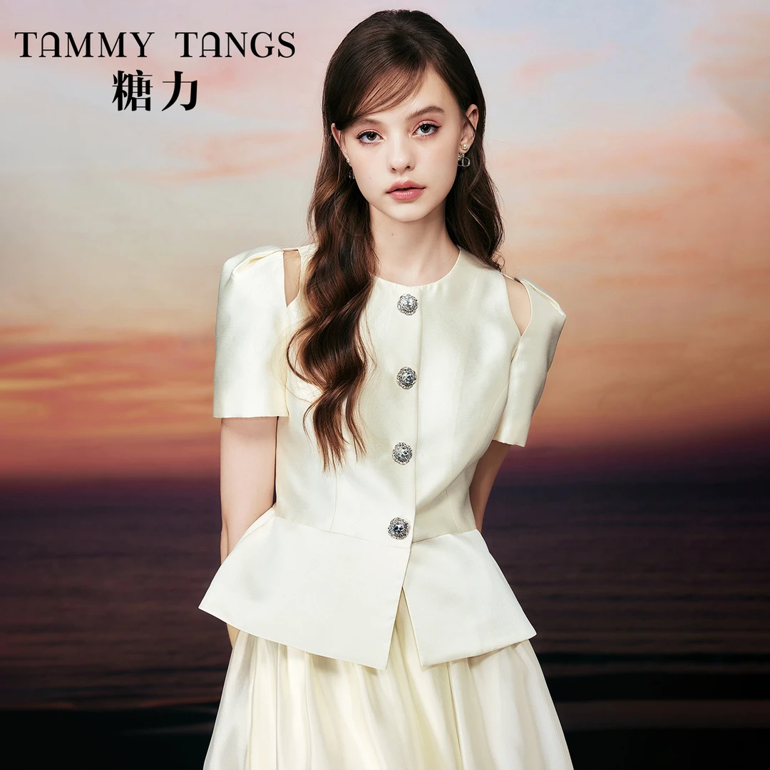 【宠粉专属】糖力 法式千金风 轻奢塔夫绸短袖挖空露肩上衣女夏季