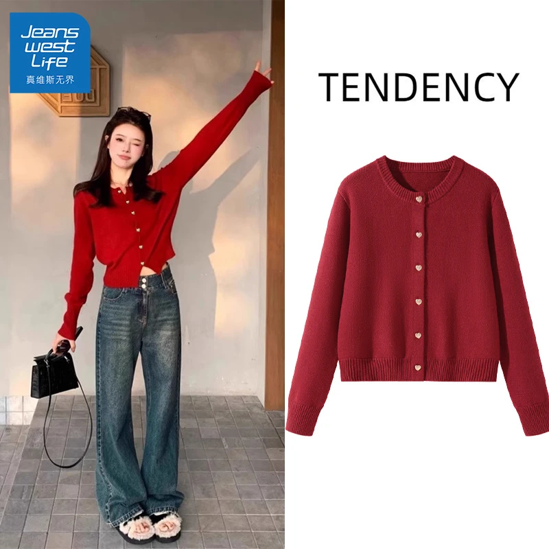 真维斯无界黑色本命年毛衣冬小香风开衫时尚圆领休闲女款针织衫潮