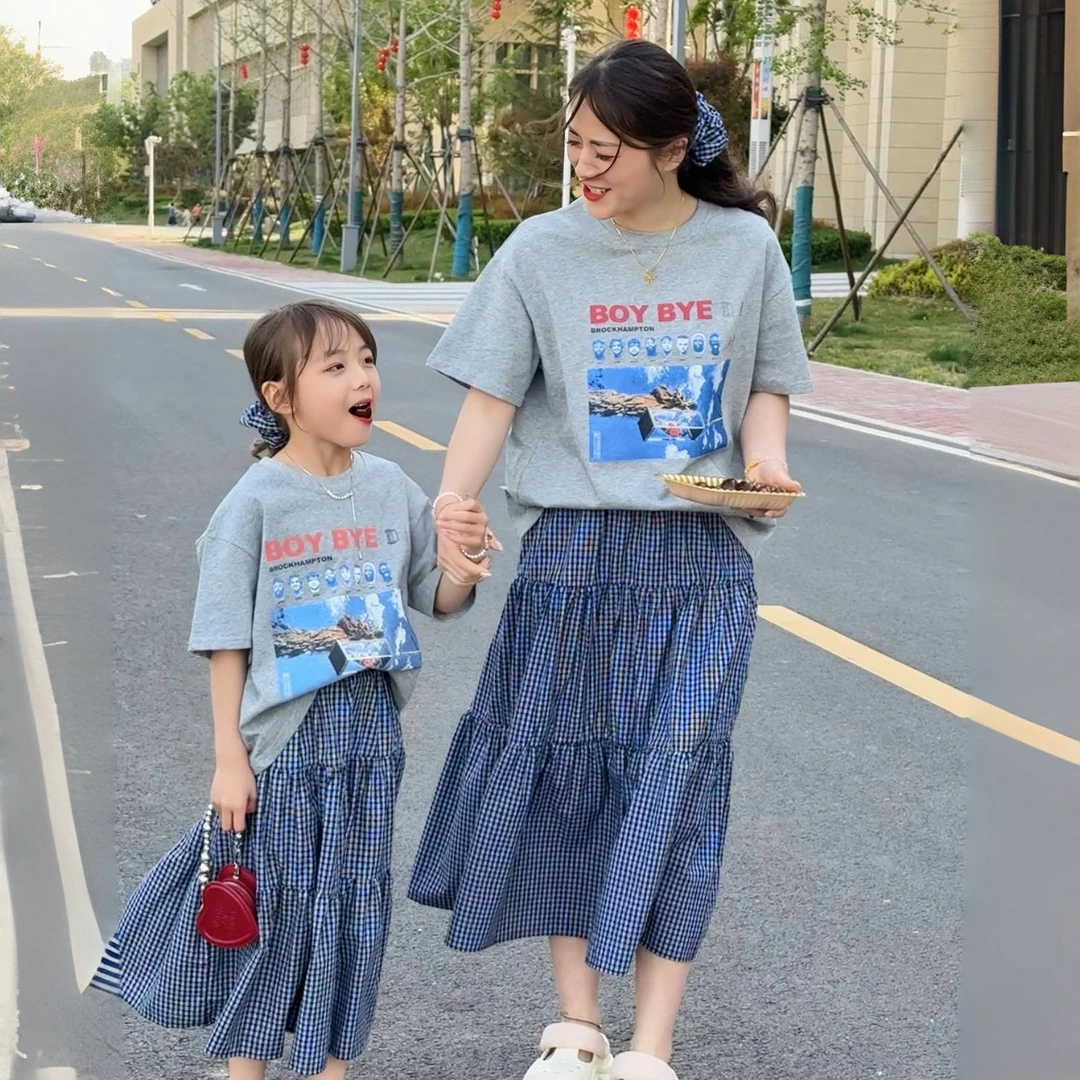 2025款女中大童字母女格子薄款套头洋气中大童休闲舒适夏季套装