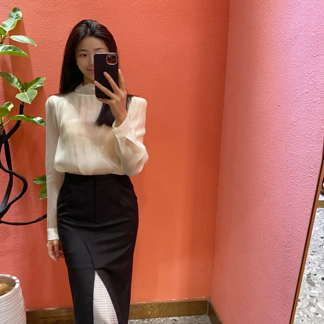 （默茗服装）纯色飘带长袖衬衫