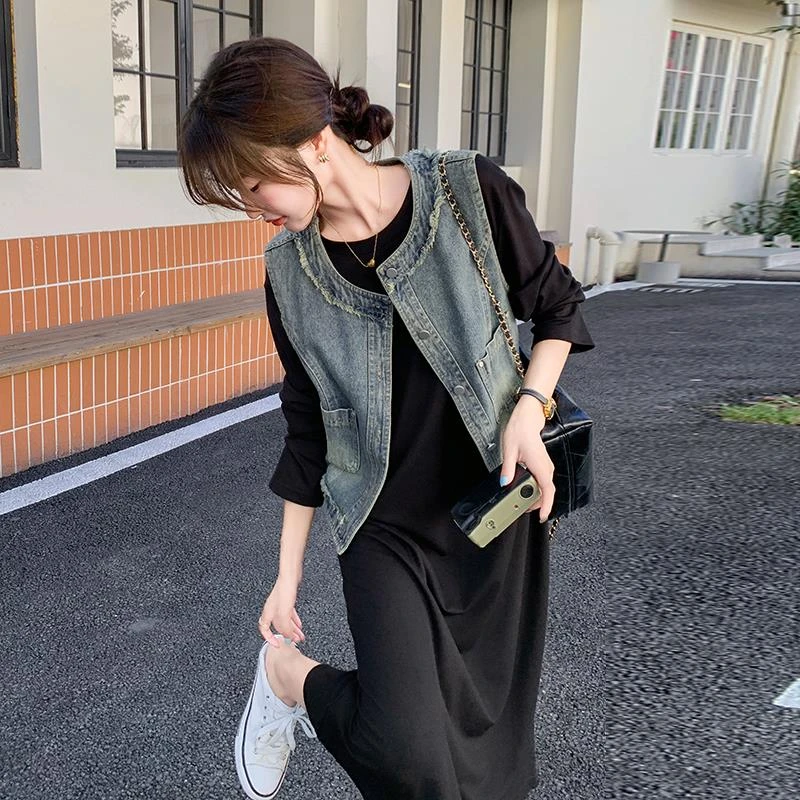 牛仔马甲黑色连衣裙套装女春季流行穿搭韩系高级感休闲长裙两件套