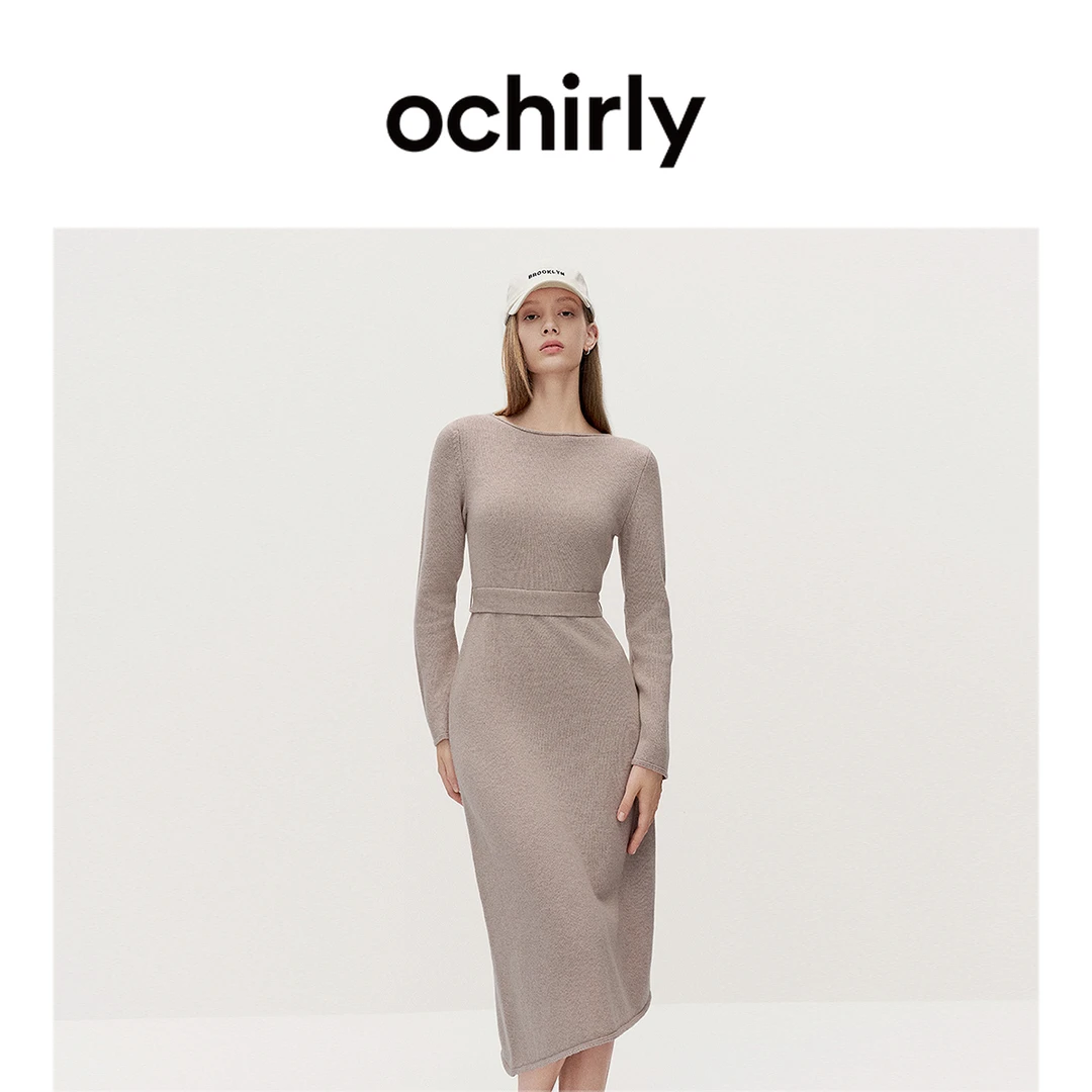 ochirly 澳大利亚100%美丽诺羊毛毛织连衣裙春秋