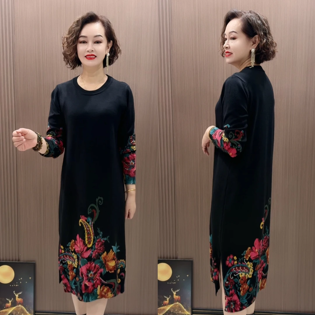 Xe时尚中长款遮肚遮屁股宽松印花圆领针织气质连衣裙秋冬