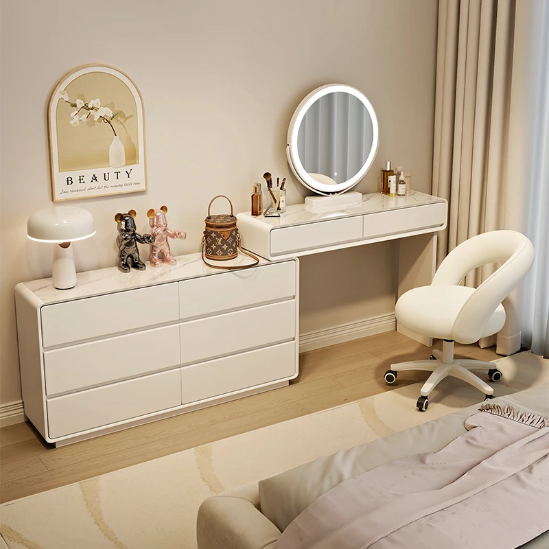 梳妆台收纳柜一体卧室侘寂风简约床尾伸缩化妆桌实木2024新款轻奢