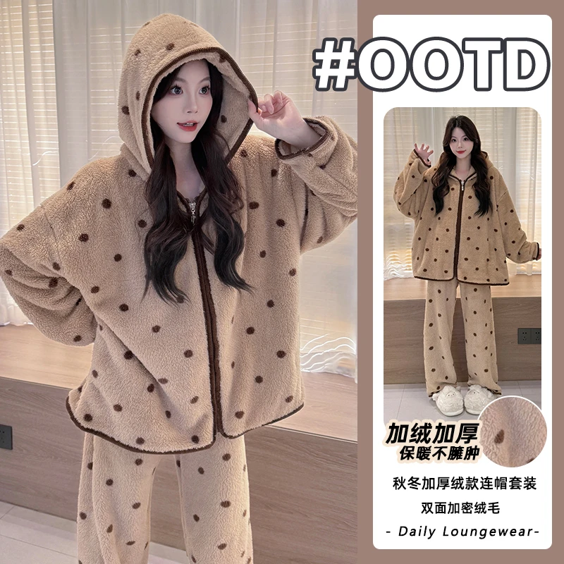 冬季新款睡衣女加绒加厚连帽高颜值波点图案保暖可外穿家居服