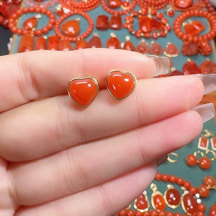 南红玛瑙银S925镶嵌耳饰