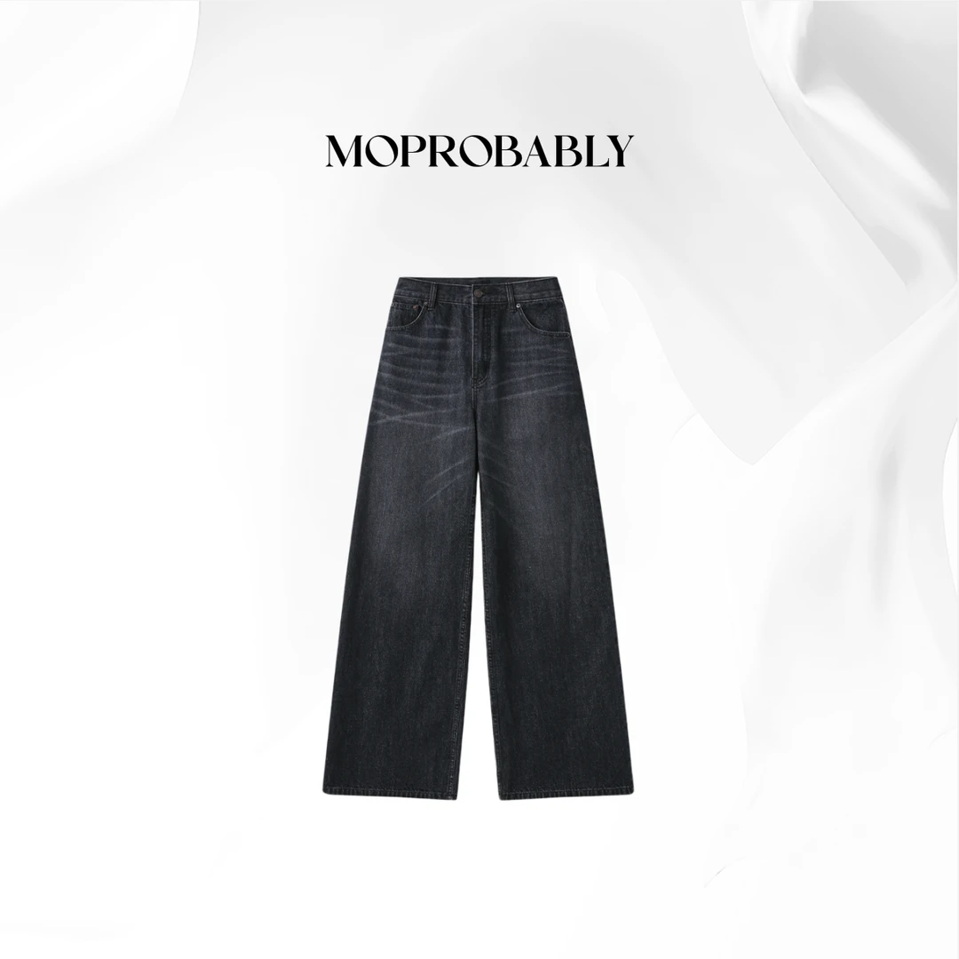 Moprobably贝贝「寇质黑牛」美式百搭水黑色直筒牛仔裤L5373009