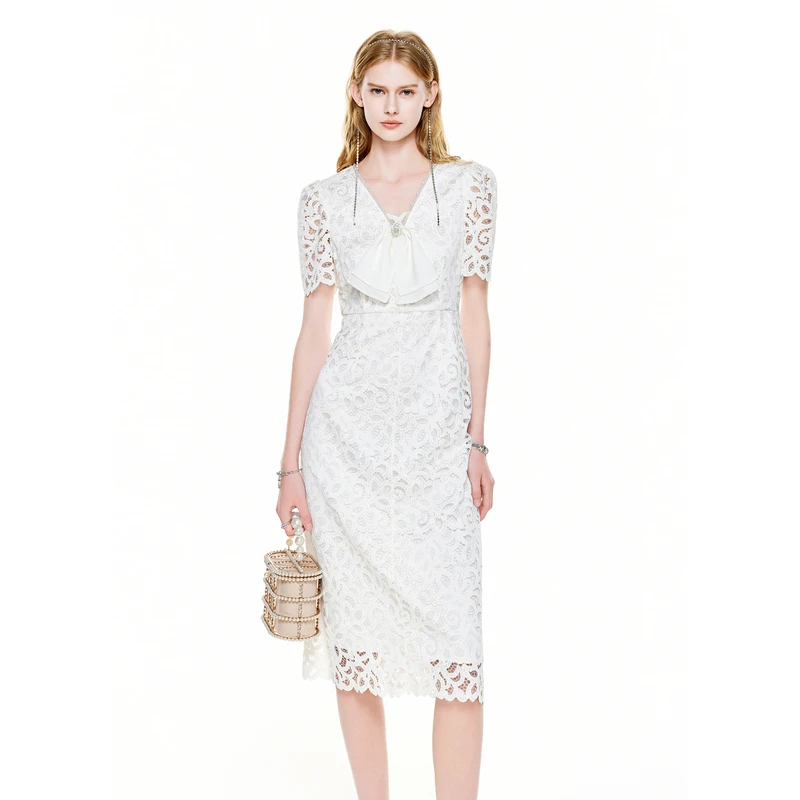 MISSCOCOON夏新款股线蕾丝蝴蝶结连衣裙