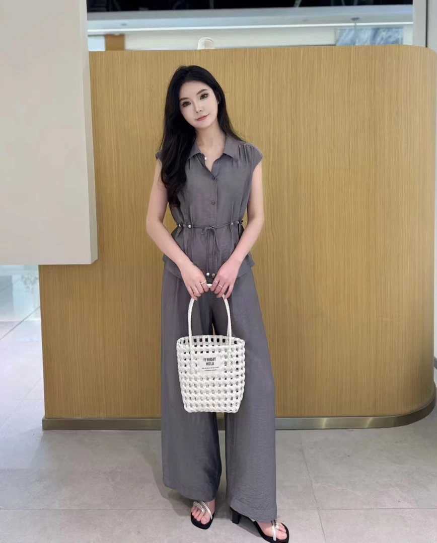 无袖衬衫+阔腿裤两件套女夏季轻熟风法式收腰气质高级感时尚套装