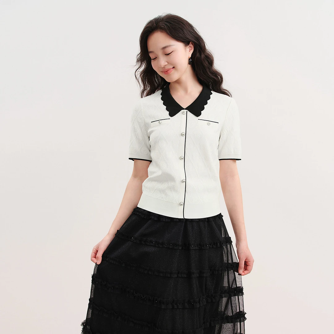 【KK专属】淑女坊减龄通勤短袖针织衫女士娃娃领上衣KZ03862D1