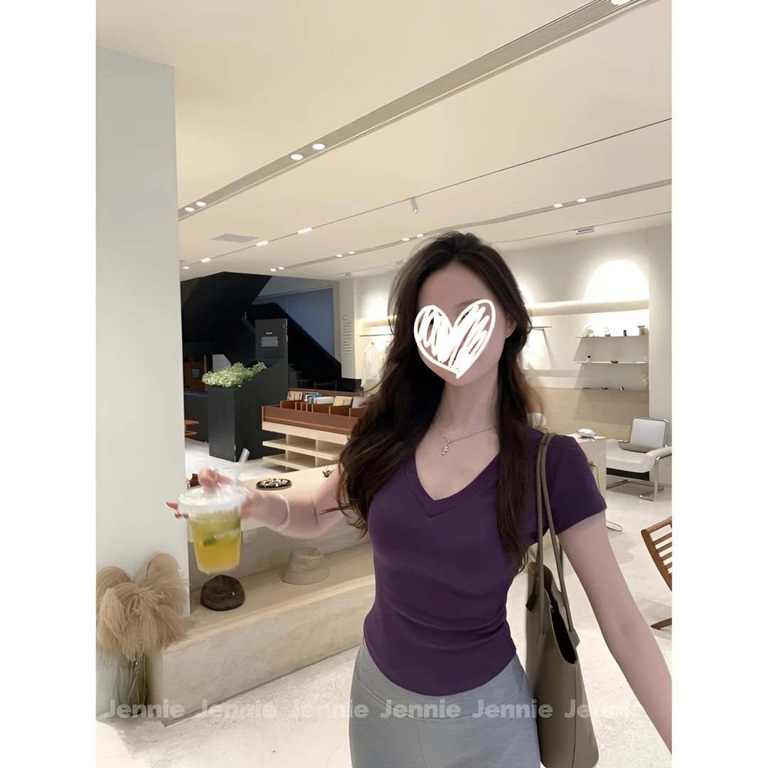 夏季纯欲桃领修身正肩收腰显瘦百搭U型下摆短袖舒适纯色T恤上衣