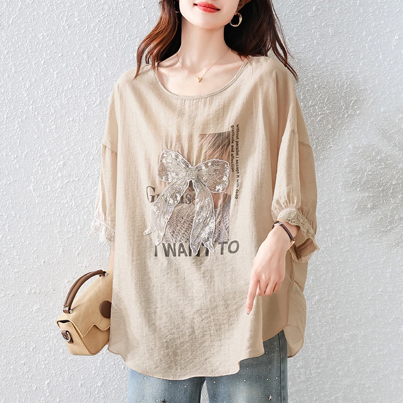 时尚气质女士短袖宽松百搭新款雪纺拼接减龄印花蕾丝T恤款小众