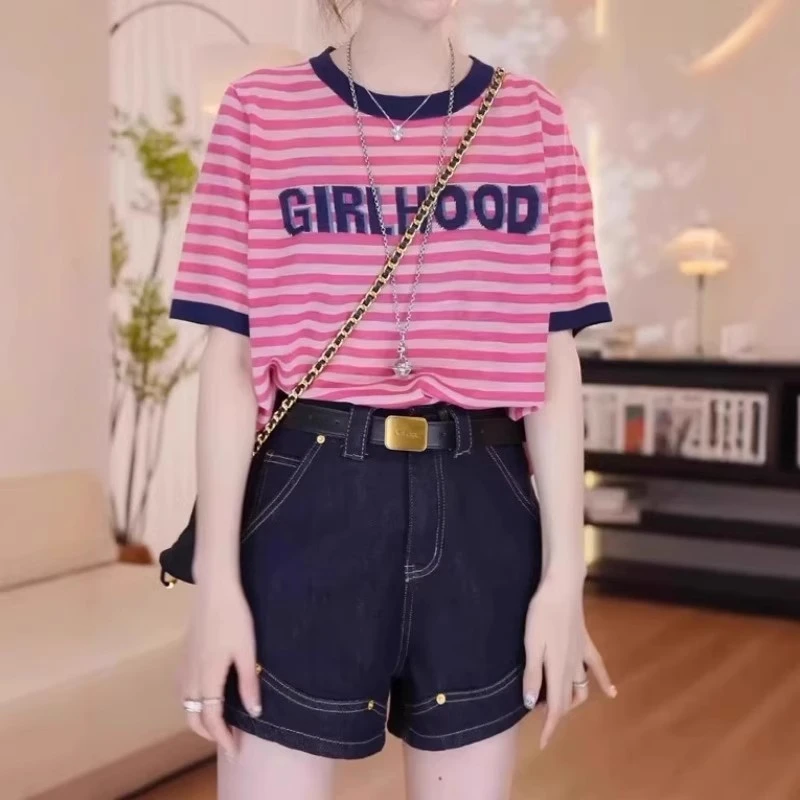 大码女装设计感撞色条纹短袖t恤2025夏季胖mm宽松洋气减龄上衣