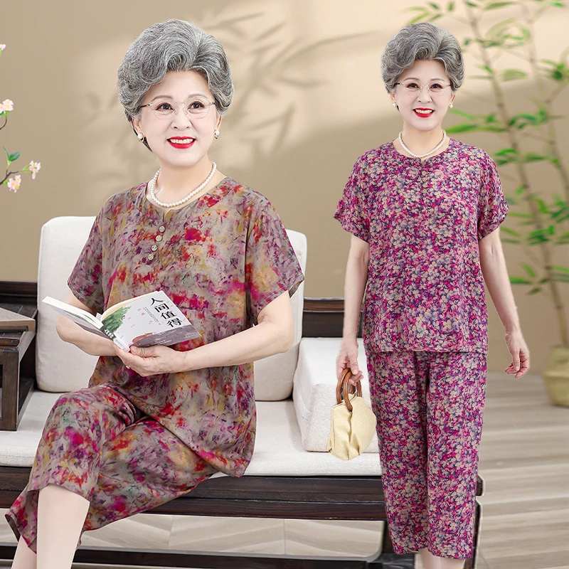 夏季棉绸睡衣人造棉薄款短袖八分裤两件中年套装妈妈可外穿家居服