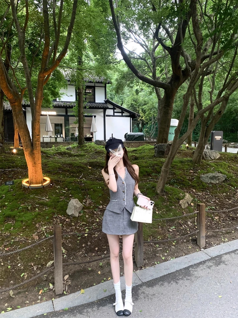 小香风时尚套装气质v领无袖马甲背心女夏季包臀半身裙灰色两件套