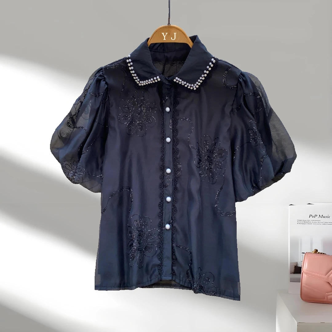 法式重工钉珠镶钻polo领灯笼袖上衣亮片刺绣衬衫网红洋气炸街女装