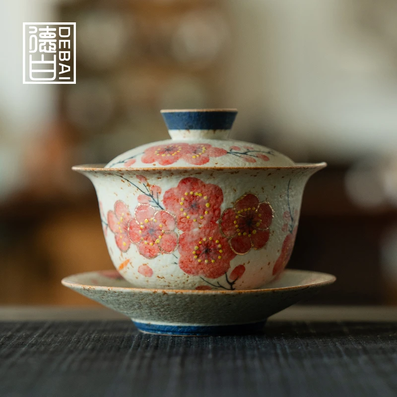 德白陶瓷纯手绘梅花三才盖碗茶杯家用新中式功夫茶具不烫手泡茶碗