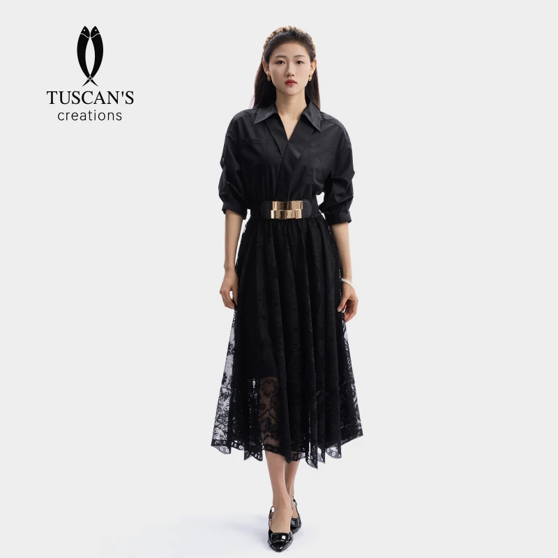 TUSCAN'S CREATIONS优雅收腰气质蕾丝长裙衬衫拼接黑色长款连衣裙