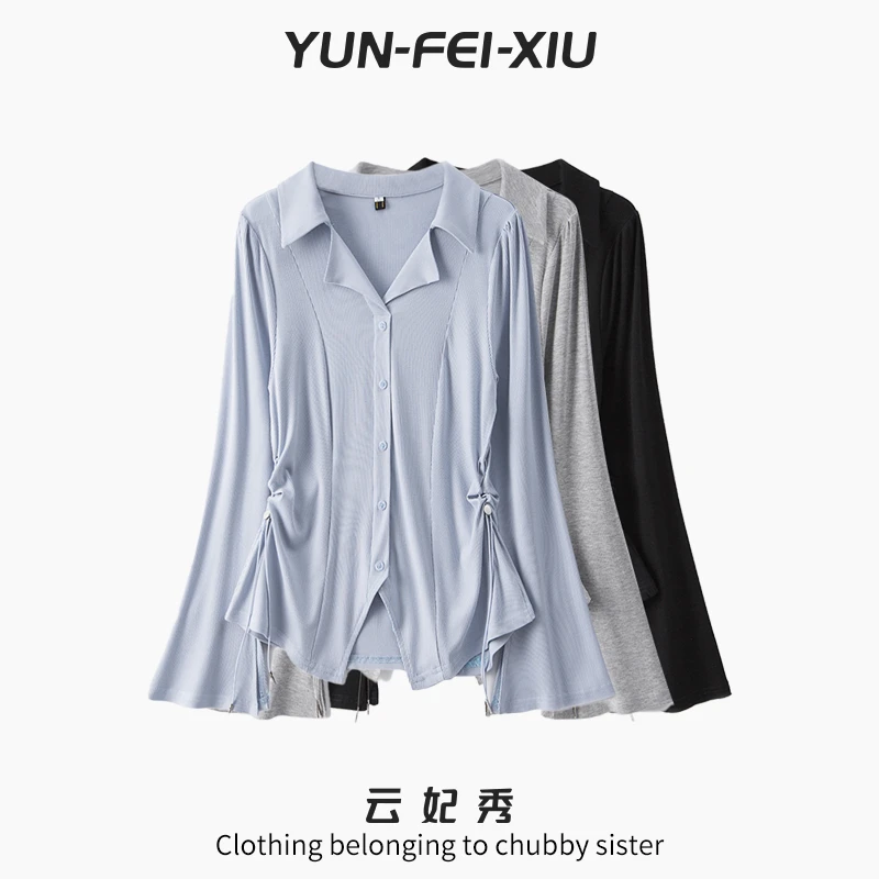 云妃秀大码女装衬衫时尚拼接开衫简约上衣微胖显瘦通勤春季63962