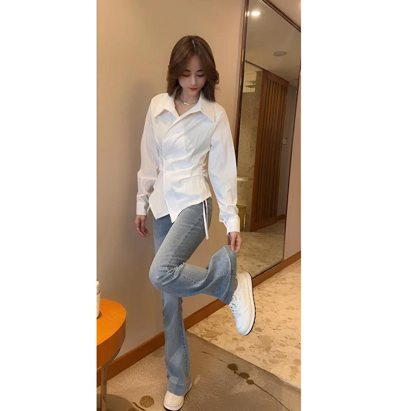 气质洋气系带绑带收腰不规则衬衫女中长款显瘦牛仔微喇裤长裤潮