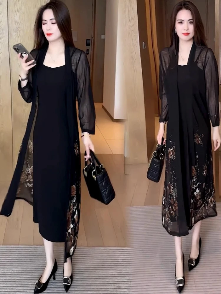 时尚连衣裙套装女2025夏季新款洋气显瘦印花防晒外披吊带裙两件套