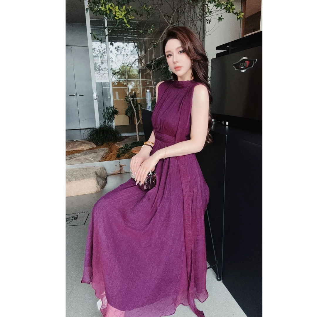 SS姗姗 【暗夜紫】法式V领吊带露肩轻奢连衣裙50570792--515