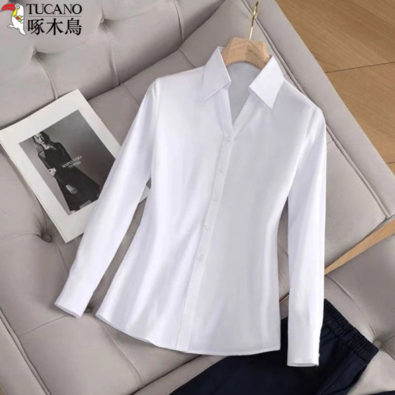 TUCANO/啄木鳥2025白色衬衫女新款v领免烫短袖工作服夏季职业工装