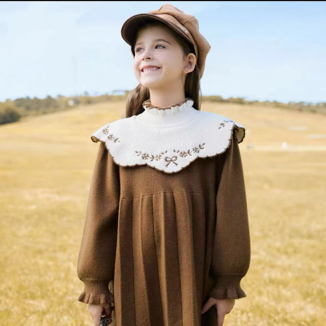 女童长袖连衣裙冬季2025新款儿童刺绣外套女孩甜美衣服毛衣裙秋装