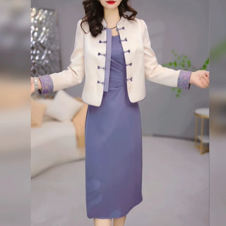 高档缎绣外套裙子两件套装礼服裙2025秋季新款新中式优雅连衣裙