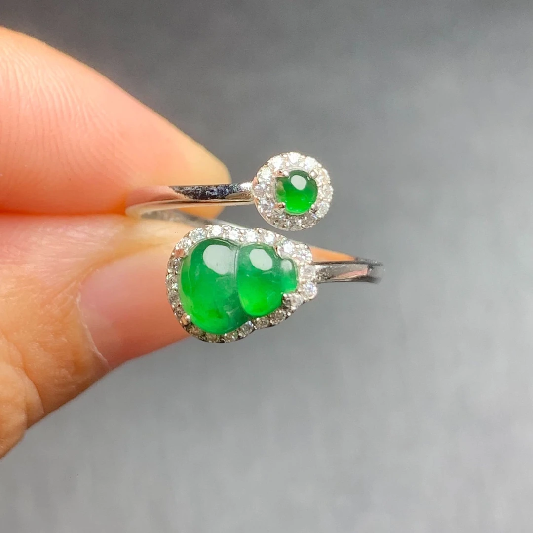 翡翠戒指银天然翡翠A货冰种阳绿葫芦戒指女正品翡翠戒指开口