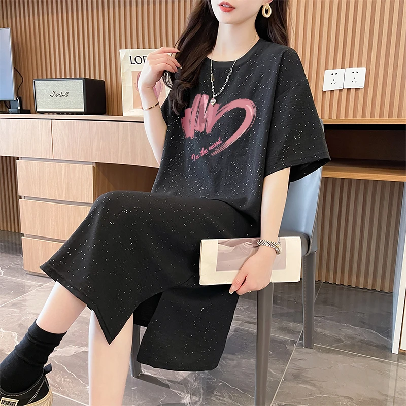 夏季长款过膝短袖T恤裙女韩版宽松时尚百搭洋气满天星大码体恤裙