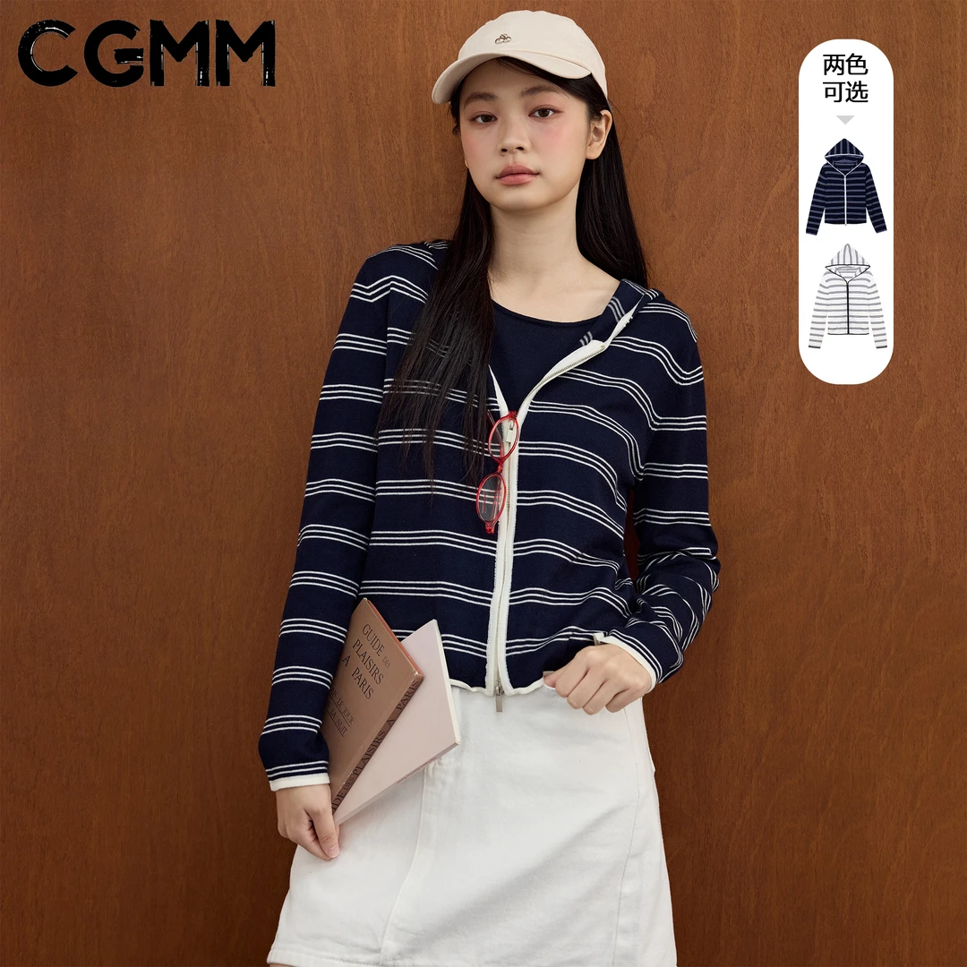 CGMM/橱柜密码秋季新款条纹连帽拉链开衫毛衣外套DSOMB5155