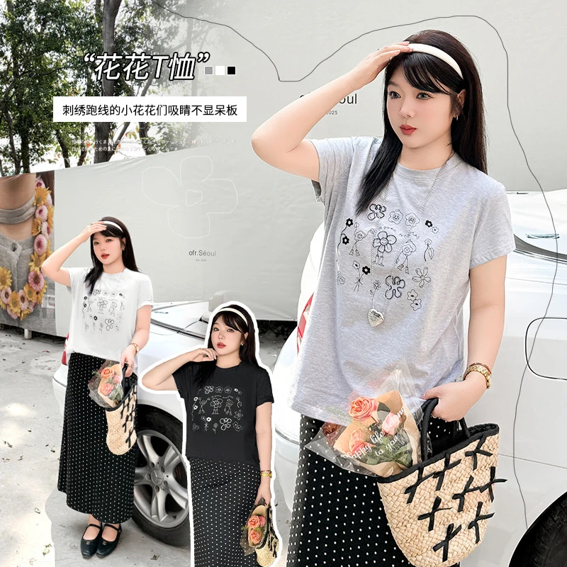 大码女装立体绣花短袖T恤女2025春夏新款宽松休闲圆领上衣142108
