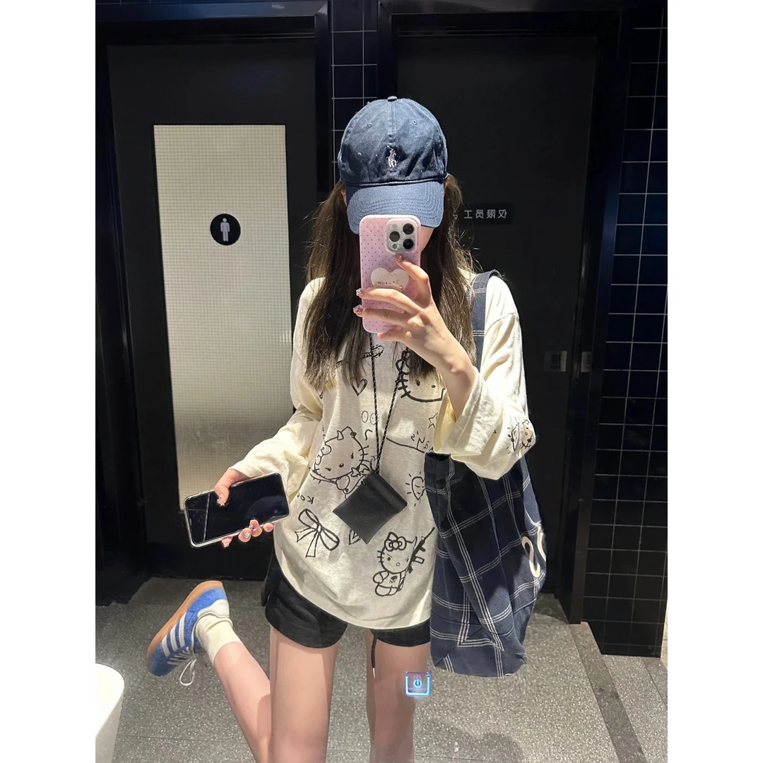 新款夏季新款长袖防晒罩衫卡通kitty印花洋气百搭可爱甜美风上衣