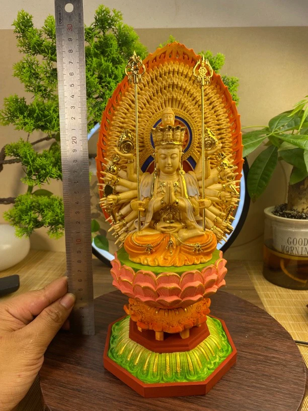手工精雕刻彩绘千手观音菩萨佛摆件家居饰品玄关摆设传统工艺品