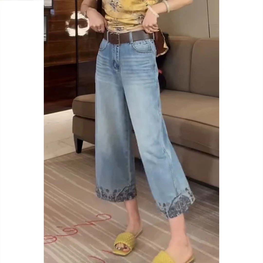 窄版阔腿裤显瘦牛仔裤女士夏季新款梨形身材直筒裤大码刺绣九分裤
