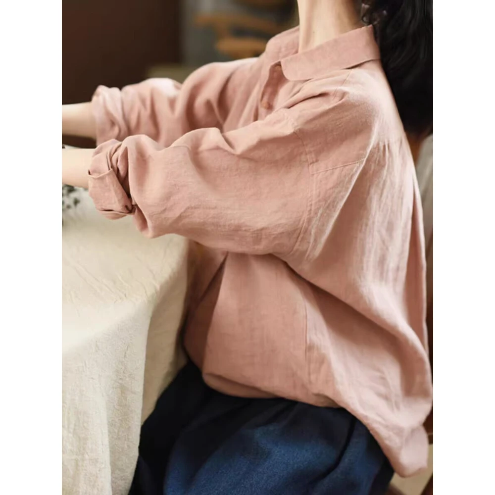 一眼就爱上的~文艺风休闲宽松衬衫女秋季中长款长袖纯色翻领衬衣