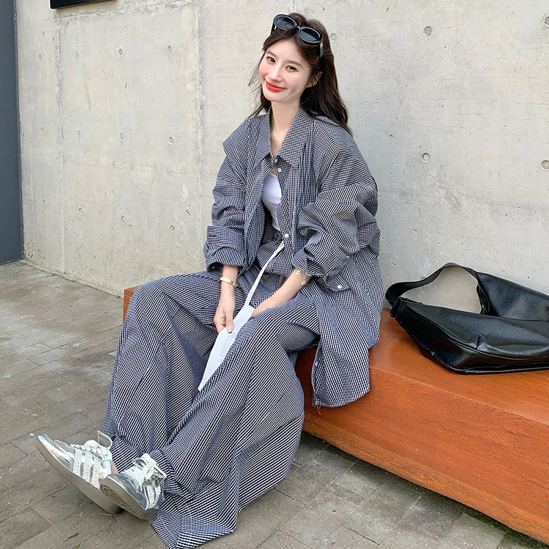韩系慵懒风休闲时尚套装女2025秋季新款宽松格子衬衫阔腿裤两件套