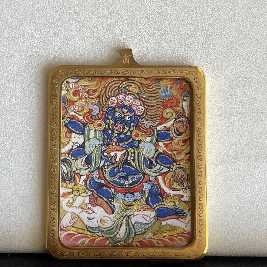 非遗手工艺画大黑天唐卡单面钛钢民族风随身佩戴